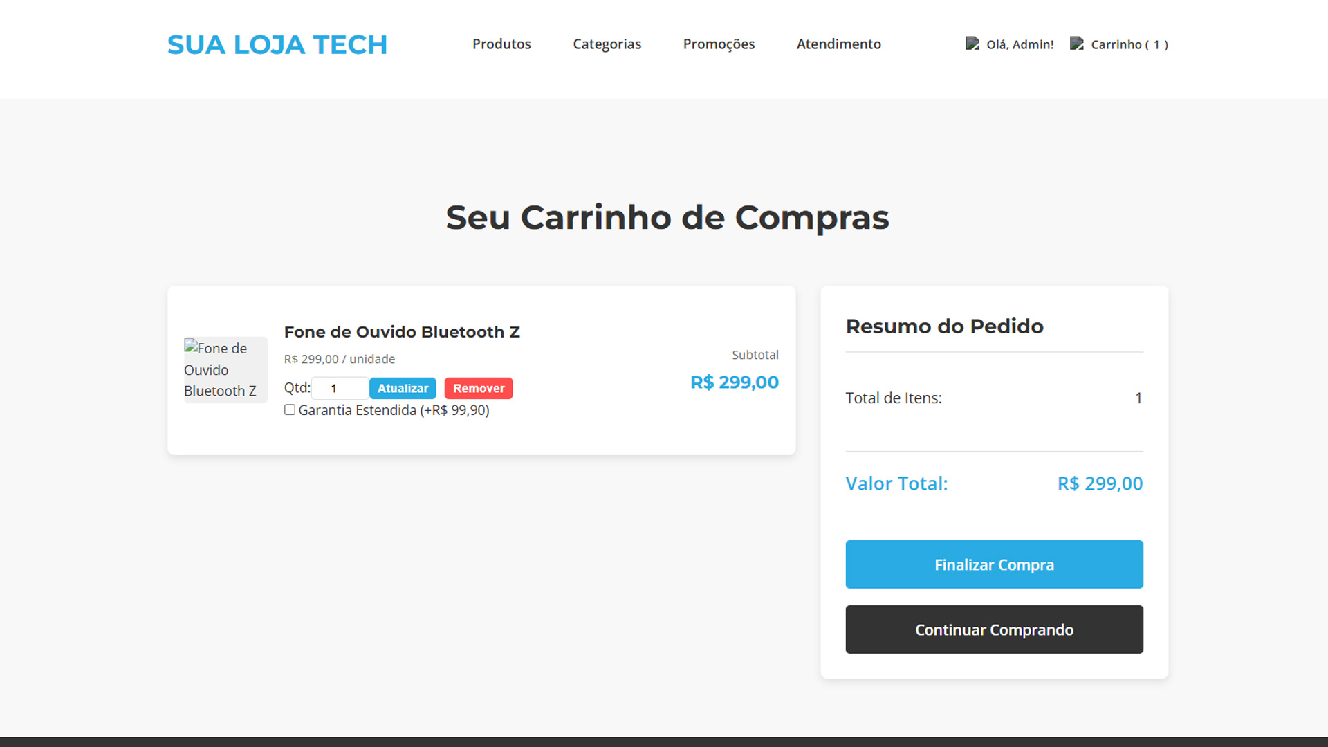 Página do Carrinho de Compras