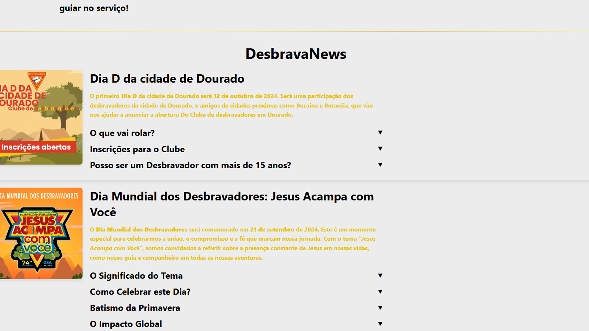 Seção de Notícias do Site dos Desbravadores